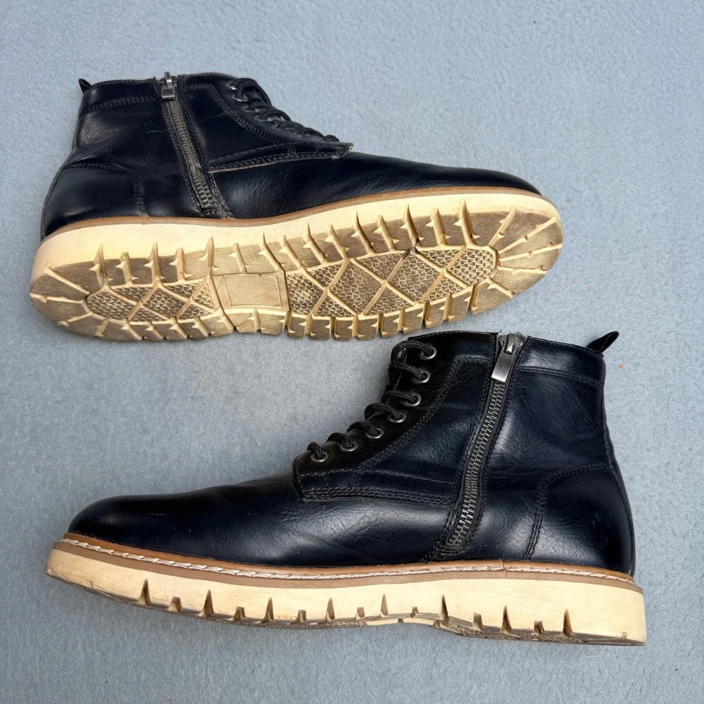 Mens Black Faux Leather Lace Up Side Zip Combat Boots Tan Lug Sole Size 9M